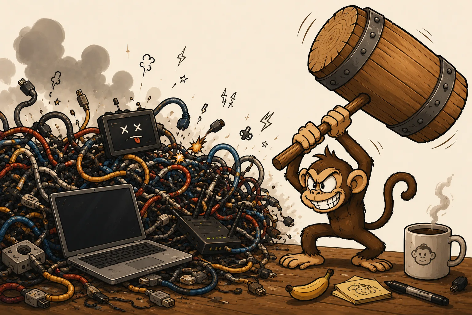 Inelegant Solutions mascot smashing through a pile of broken tech